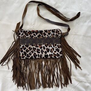 SEXY Leopard Print dyed Cowhide with Upcycled LV Band Crossbody Bag with Fringe